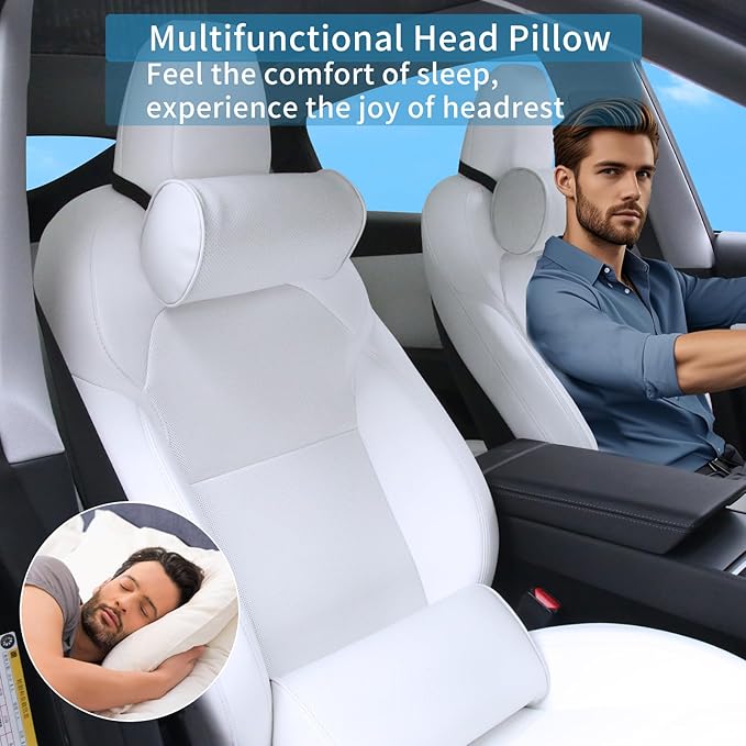 Car Headrest Pillow for Driving - Luxury Leather 100% Memory Foam, Ergonomic Neck Support - Universal Fit Head Rest Travel Pillow for Most Cars, Home & Office, White, 2 Pack