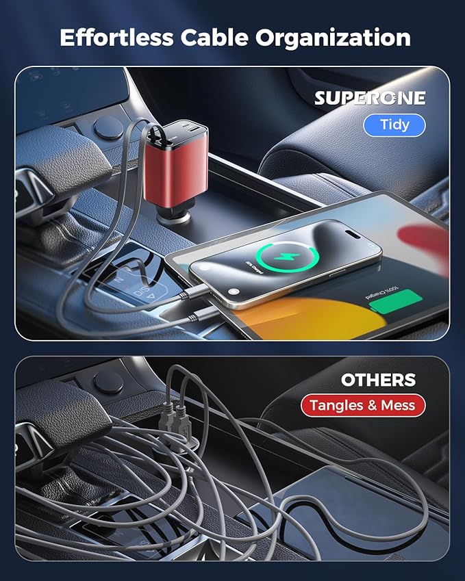[Upgraded] 4 in 1 Retractable Car Charger, SUPERONE Smaller Fast Car Phone Charger 69W with Cord, USB C and iPhone Car Charger Adapter, Compatible iPhone 17/17 Pro Max/16/15/14/13/12/11, Sumsung