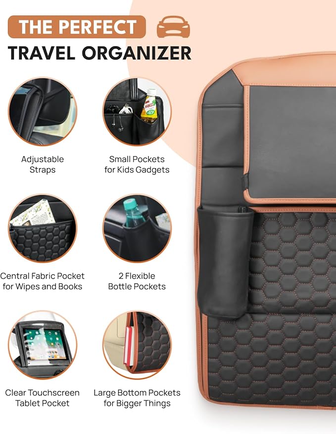 Owleys Set Car Seat Organizer Backseat Back Organizers & Seat Protector Kick Mat Back Of Seat Protector Automotive Organizer Seatback Toy Organization For Kids Behind Black Brown Tan