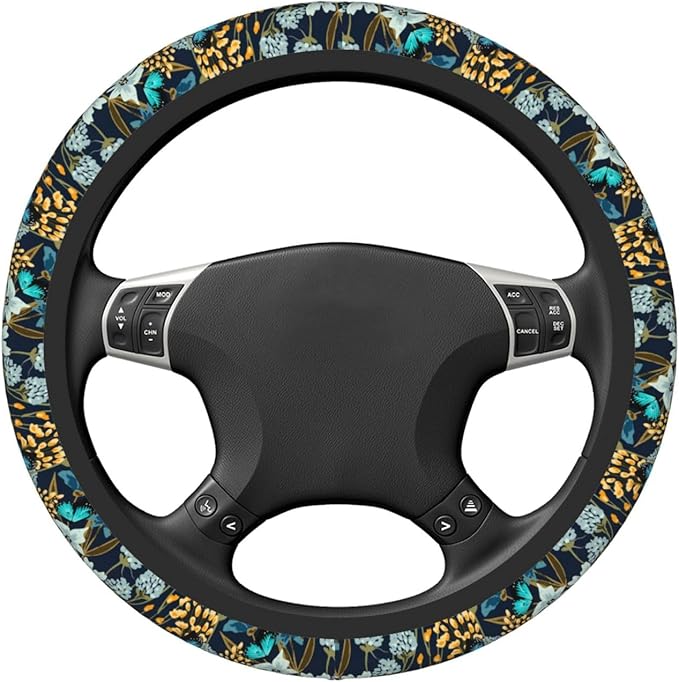 Floral Butterfly Blue Steering Wheel Cover for Women Elastic Rubber Steering Wheel Universal 15 Inch Fit for Cars, Auto, SUVs