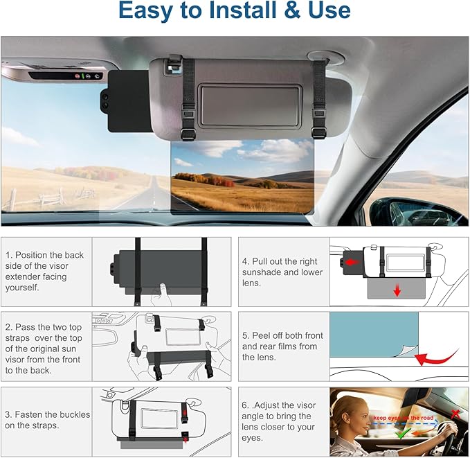 Veharvim Sun Visor Extender for Car (Polarized, UV400, PC Lens, Side Sunshade, Straps&Adjusters), Car Visor Extender Sun Blocker, Visor Extender Attachment, Anti-Glare for Safe Driving(Passenger Side)