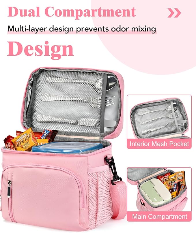 Insulated Lunch Bag for Men & Women, 9L Leakproof Lunch Box Soft Cooler Tote with 5 Pockets, 600D Oxford, EVA Lining, Adjustable Strap for Work, Picnic, Beach&Travel-Pink