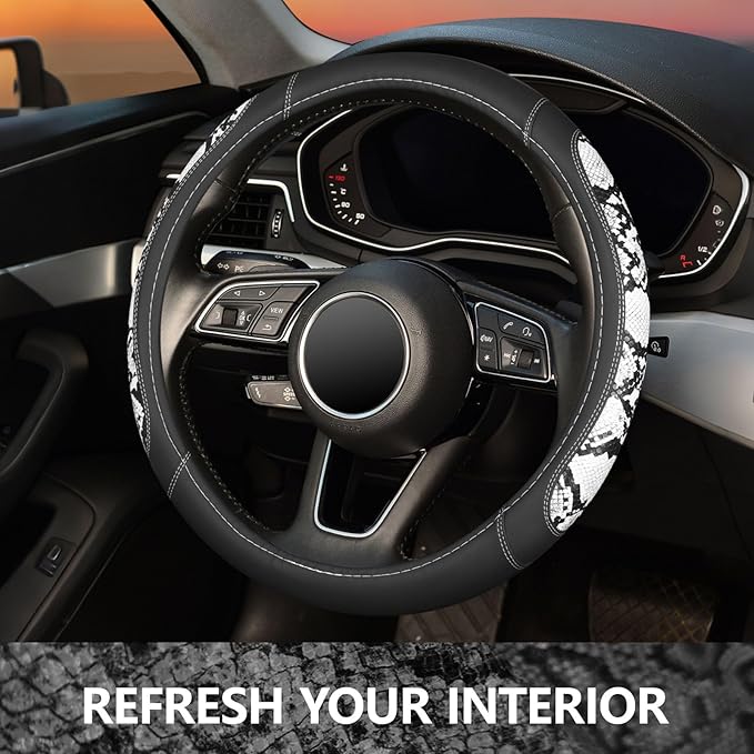 ZHOL Snake Skin Leather Steering Wheel Cover,Black and White Animal Fur Car Accessory Steering Wheel Cover,Universal 14.5-15inch,Anti-Slip Car Steering Wheel Protector for Women Men