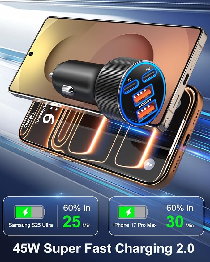 USB C Car Charger, Upgraded 90W 4-Port Dual 12V USB-C & USB-A Car Phone Charger Multiport QC 3.0/PD45W Super Fast Charging Cigarette Lighter Adapter for iPhone 17 16 15 14 Pro Max Galaxy Android
