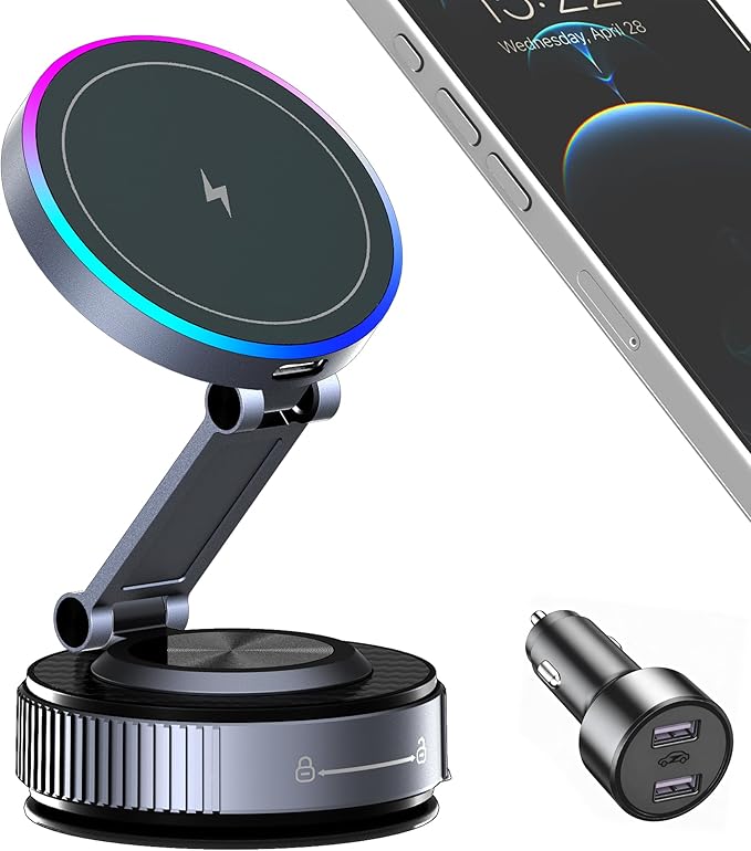 Magnetic Phone Holder for Car Wireless Charging, 15W Fast Wireless Car Charger with Vacuum Suction, 360° Adjustable Magnetic Mount for Dashboard & Windshield, Hands-Free for MagSafe iPhone & Android