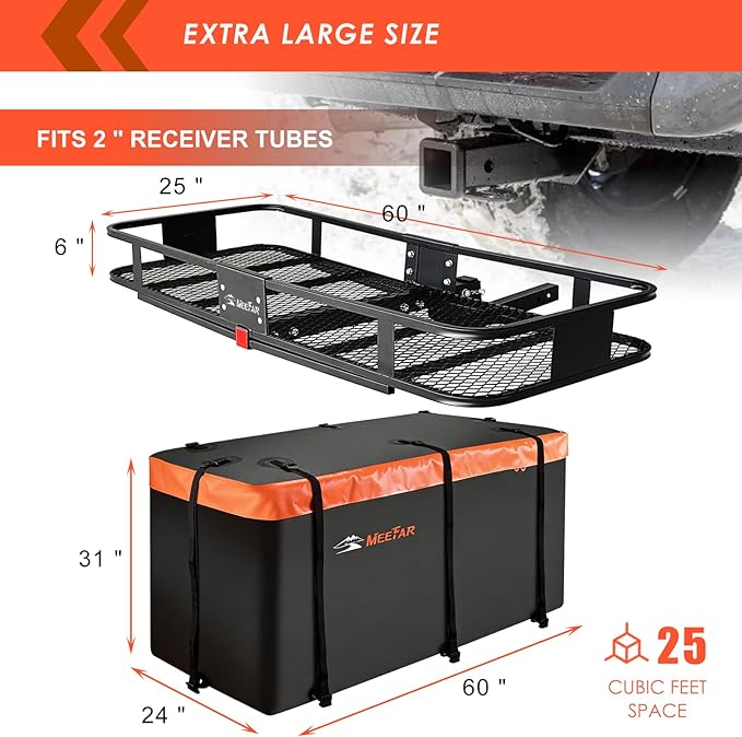 Hitch Mount Cargo Carrier Basket 60"*25"*6"+Waterproof Bag 25 Cubic Feet(60"*24"*31"),and Cargo Net with Attachment Hooks,Ratchet Straps,Hitch Stabilizer.500 Lbs Capacity,foldable,fit 2" Receiver