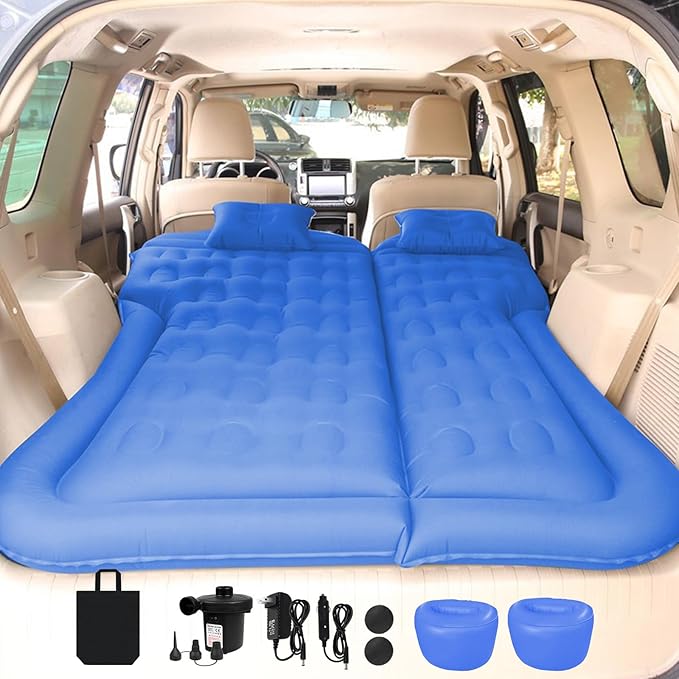 ISWEES Car Bed SUV Air Mattress, Car Air Mattress with Home Power Adapter, Electric Pump, 2 Inflatable Pillows and 2 Footrests for Back Seat, Side Seat,Trunk Sleeping, Thickened Camping Bed - Blue