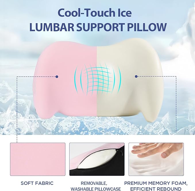 Lumbar Support Pillow for Office Chair, Cooling Car Lumbar Pillow Lower Back Pain Relief,Memory Foam Back Cushion with Adjustable Straps,Ergonomic Chair Back Pillow for Gaming Chair,Car(Pink Cooling)
