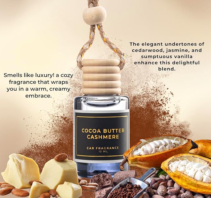 COCOA BUTTER CASHMERE - A warm, intriguing fragrance that combines sweet cocoa butter and coconut. - Lasts up to 60 days - Luxury Car Perfume A+ Scents Car Hanging Diffuser