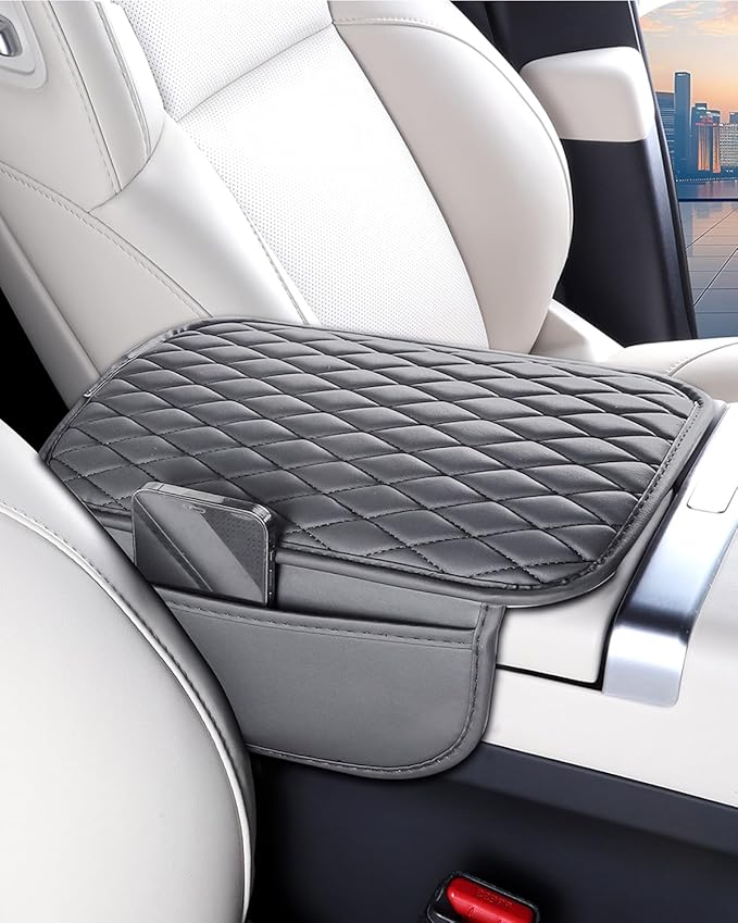 ESKONKE [Upgraded] Car Center Console Cover with 2 Storage Bags - Premium Nappa Leather Armrest Cover, Scratch & Wear Resistant, Waterproof Car Interior Accessories (Grey)