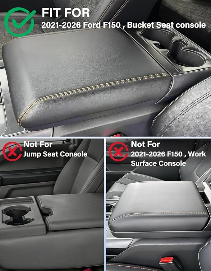 Center Console Cover Compatible with 2021 2022 2023 2024 2025 2026 Ford F150 Accessories, PU Leather Armrest Cover Middle Console Cushion Arm Rest (Fits Bucket Seat Console Only)