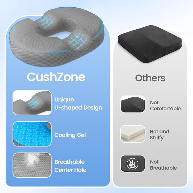 Donut Pillow Seat Cushion - Cooling Gel Outdoor Chair Cushions, Memory Foam Cushion for Office and Home, Car Seat and Patio Cushions, Hemorrhoids Pillow, Sciatica and Tailbone Pain Relief, Light Grey
