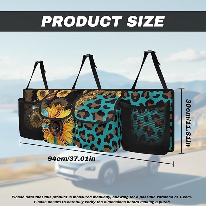 Sturdy Car Backseat Trunk Organizer Leopard Sunflower Pattern Trunk Storage Bag for SUVs, Vans, Cars Car Organization Women