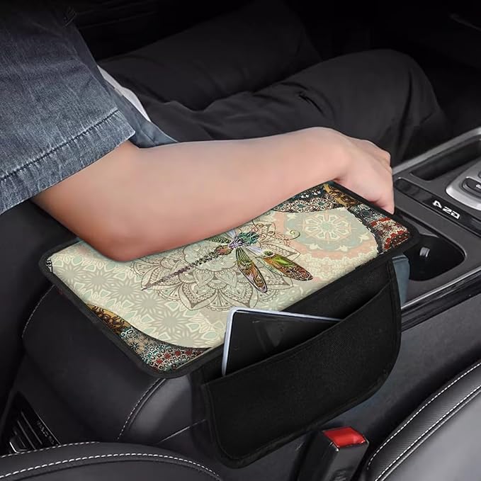 Bohemian Mandala Dragonfly Pattern Car Armrest Cover Non-Slip Auto Center Console Pad Stretchy Car Armrest Cover Cushion Universal Fit for Most Cars Sedan Truck SUV