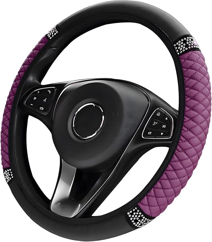Bling Soft Leather Steering Wheel Cover, 14.5-15 Inch Sparkly Rhinestones Non-Slip Car Steering Wheel Protector, Elastic Auto Steering Wheel Cover Interior for Women Girls (Purple)