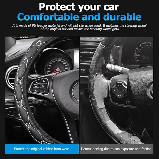 Car Steering Wheel Cover, PU Leather Non-Slip Lantern Pattern Vehicle Steering Wheel Cover Protection, Breathable Automotive Interior Protecter Accessories, Universal Fit (Black/White)