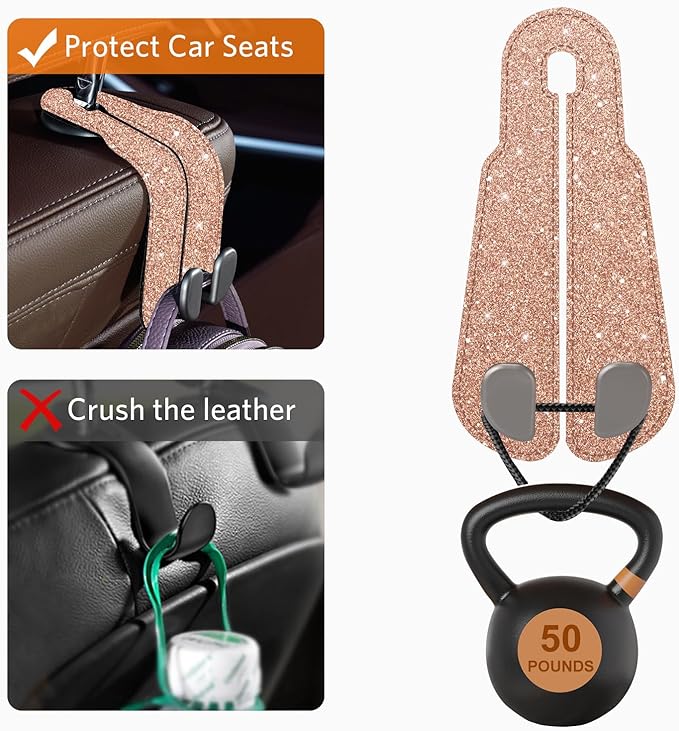 CoBak Purse Hook for Car - Universal Premium Stitched Leather and Aluminum-Magnesium Alloy Double Car Seat Back Storage Hook for Purses, Handbags, Bags (2 Pack),Glitter Rose