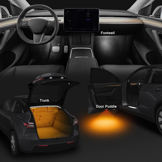 4 Pcs Interior LED Lights Bulbs Kit Compatible with Tesla Model 3, Y, X, S, Super Bright Replacement Light Bulbs for Footwell, Door Puddle, Trunk, Frunk - for Tesla Accessories (Yellow)