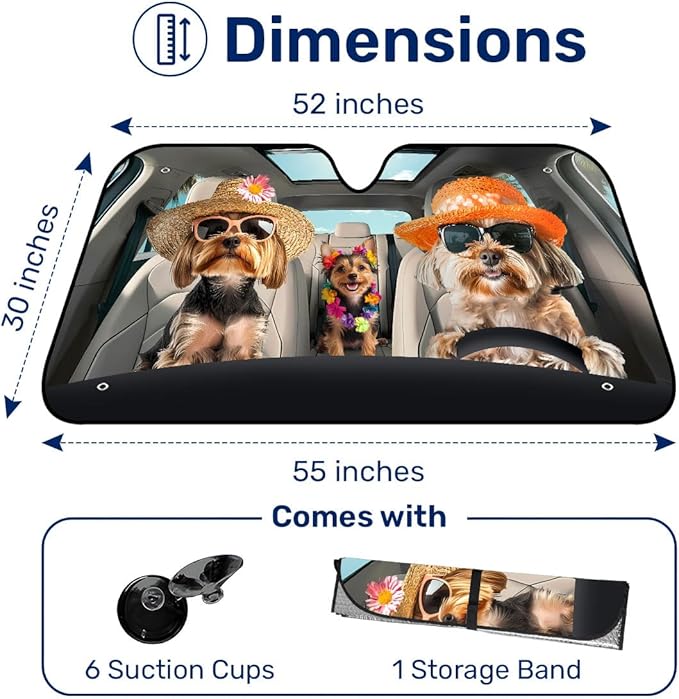 GENANY Yorkshire Terrier Family Windshield Sun Shade for Car SUV Truck (55x30 Inches), Sun Shade Windshield for Windows, Protector Blocks UV, Car Decor