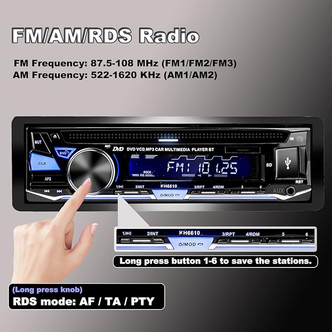 Single Din Car Stereo with CD/DVD Player | Bluetooth | FM/AM/RDS Radio | USB SD AUX Audio Receiver