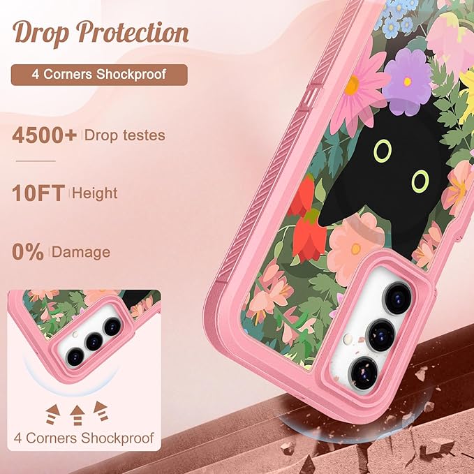 for Samsung Galaxy A15 5G Phone Case - Compatible with MagSafe Women Girls Cute Magnetic Protective Cover Cat Flower Fashion Floral Design Heavy Duty Shockproof for Samsung A15 5G Case 6.5"
