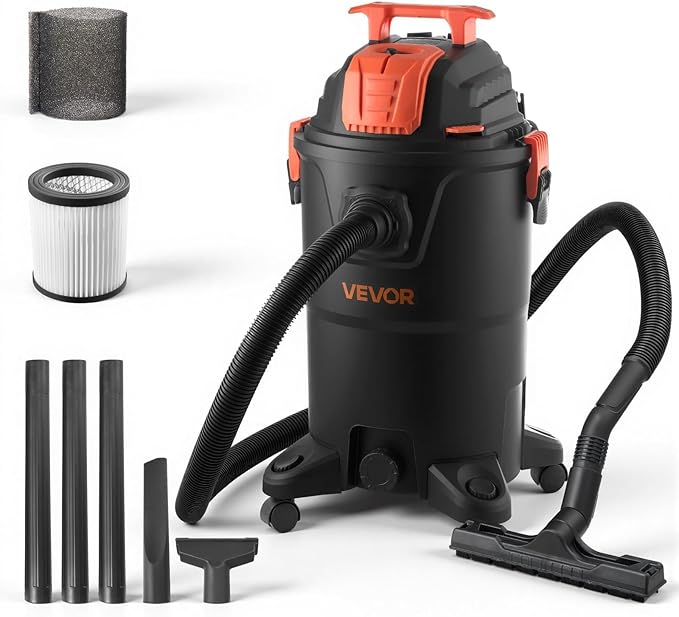 VEVOR Shop Vac, 8 Gallon Wet Dry Shop Vacuum, 4.5 Peak HP Portable with One-Button Self-Cleaning, Dual-Filter, 900W Input Power, 1.25in x 7ft Hose, 9.8ft Cord for Jobsite, Workshop, Garage, Home