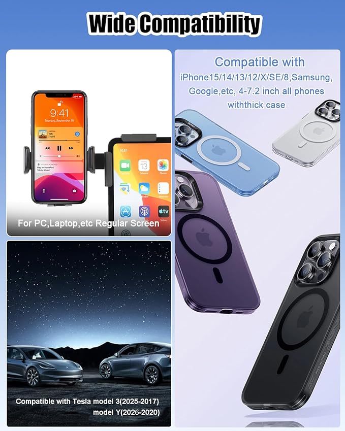 for Tesla Phone Mount, No Adhesive Required for Touchscreen, Universal Car Phone Holder for Tesla Model Y/3, Adjustable Angle and Length, Model Y Accessories 2026 Fits All Phones