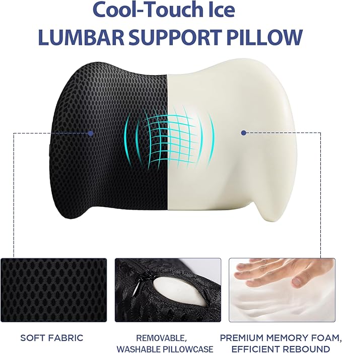 Lumbar Support Pillow for Office Chair, Car Lumbar Pillow Lower Back Pain Relief, Memory Foam Back Cushion with 4D Mesh Cover and Adjustable Straps, Ergonomic Chair Back Pillow for Car,Bed, Gaming