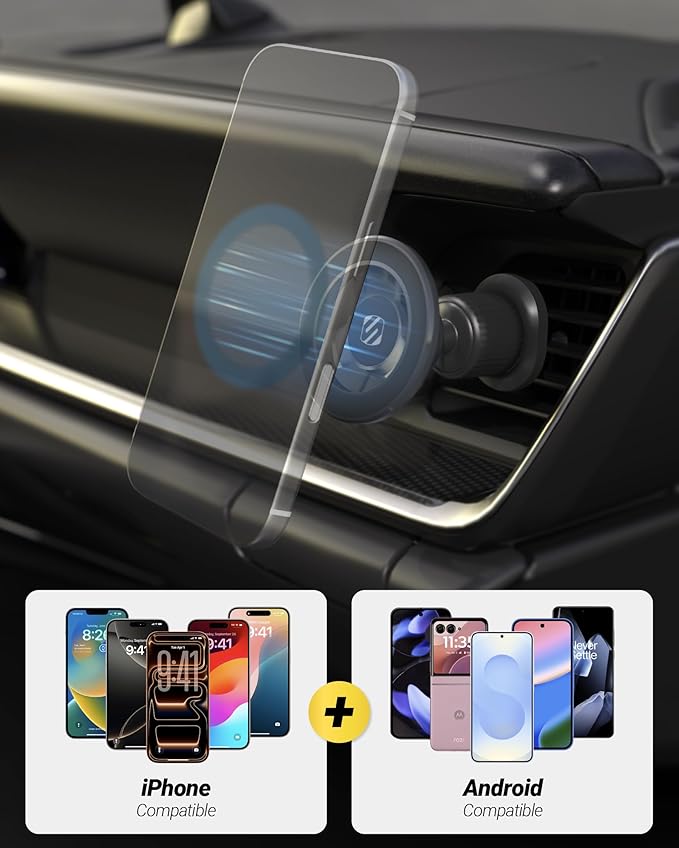 Scosche MagSafe Car Mount Vent, Phone Holders for Your Car with Strong Magnetic Hold and Secure Twist-Lock Vent Clip, Rotatable Car Phone Holder for iPhone 17 16 15 14, Includes Magnetic Ring, 2-Pack