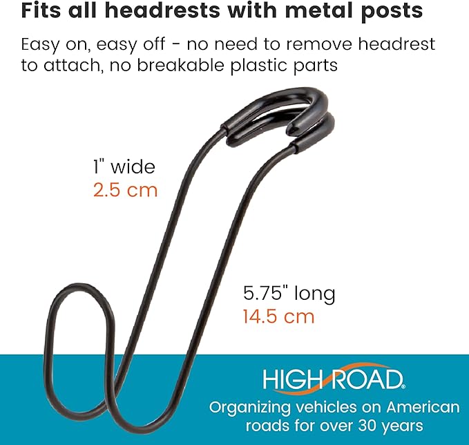 High Road Unbreakable Car Bag Hooks - Large, Solid Metal Car Seat Hooks for Purse, Backpack, Coats, Hats and Heavy Bags up to 40 lbs - Secure Attachment Fits All Metal Headrest Posts, 2-Pack