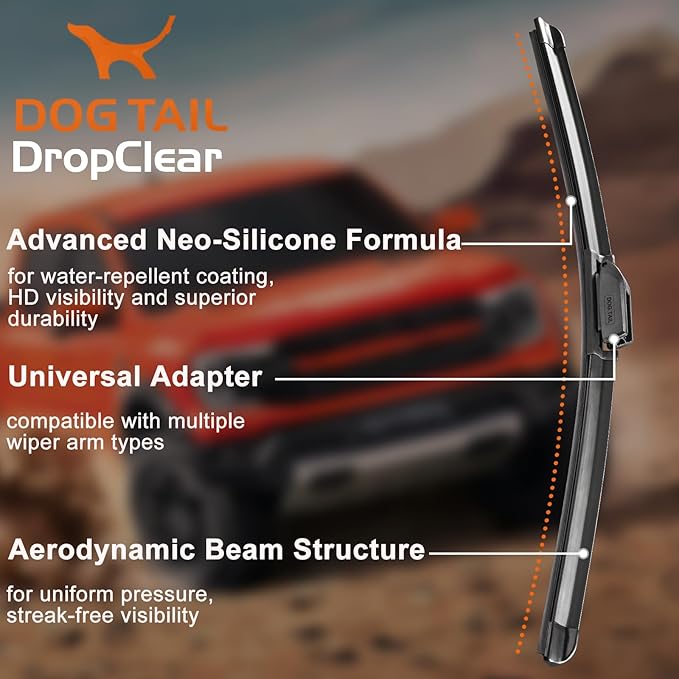 DOG TAIL Water Repellent Silicone Wiper Blades 22" 21" Set with Multiple Adapters and 2 Refills, Automotive Replacement Front Windshield Wiper Blades for My Car with Water Repellency Formula DropClear