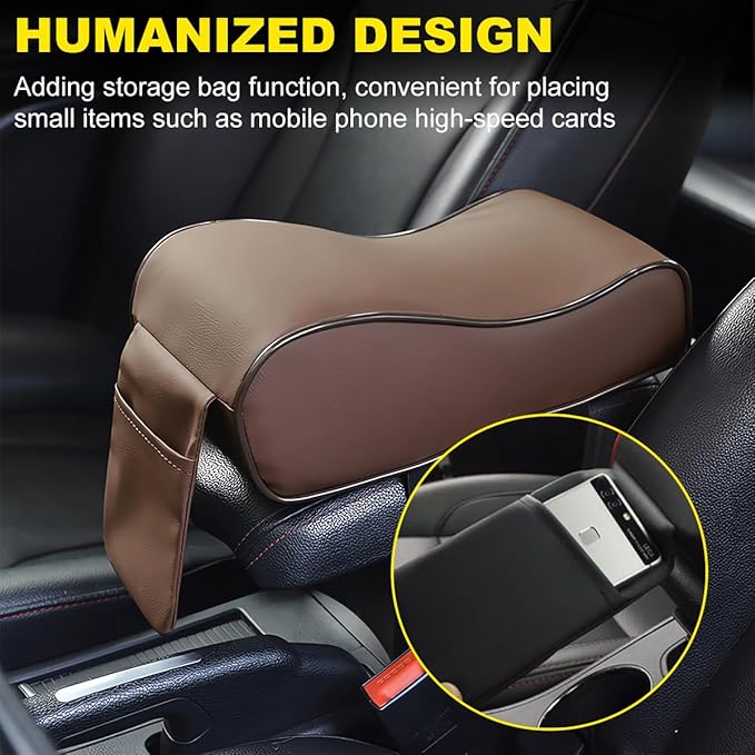 Car Armrest Cushion, Soft Memory Foam Auto Armrest Pillow with Storage Bag, Leather Center Console Arm Rest Padded Cushion with Phone Holder, Universal Car Accessories (Coffee)