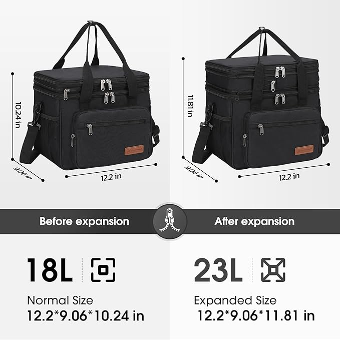 Maelstrom Lunch Box, 23L Insulated Lunch Bag, Expandable Double Deck Cooler Bag, Lightweight Leakproof Tote Bag With Side Tissue Pocket, Suit For Men and Women (A. Black)