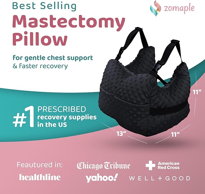 Zomaple Mastectomy Recovery Pillow with Strap, Swirly Gel Pack, Seat Belt Cover & Shower Lanyard – Post-Op Essentials, Breast Augmentation/Reduction & Recovery Supplies – Washable Cover for Comfort