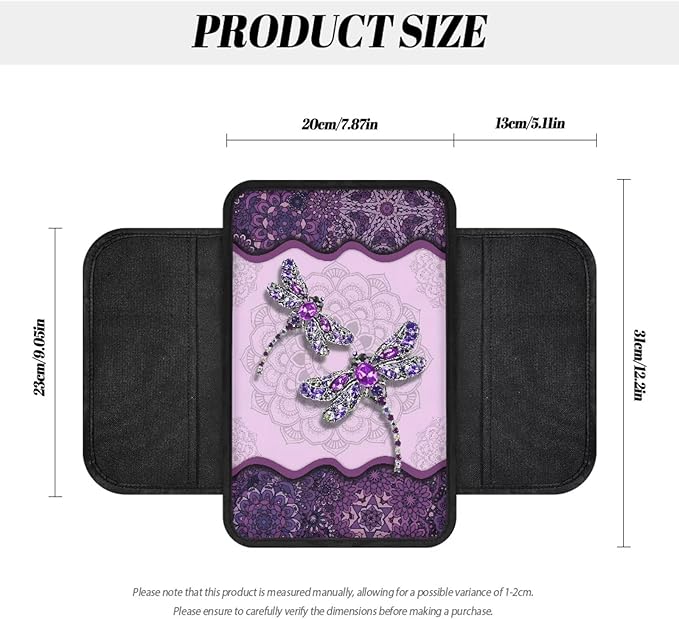 Boho Floral Dragonfly Print Car Center Console Cover Waterproof Vehicle Armrest Cover Pad with 2 Storage Bags Scratch-Resistant Car Armrest Cushion Car Accessories Interior Protection