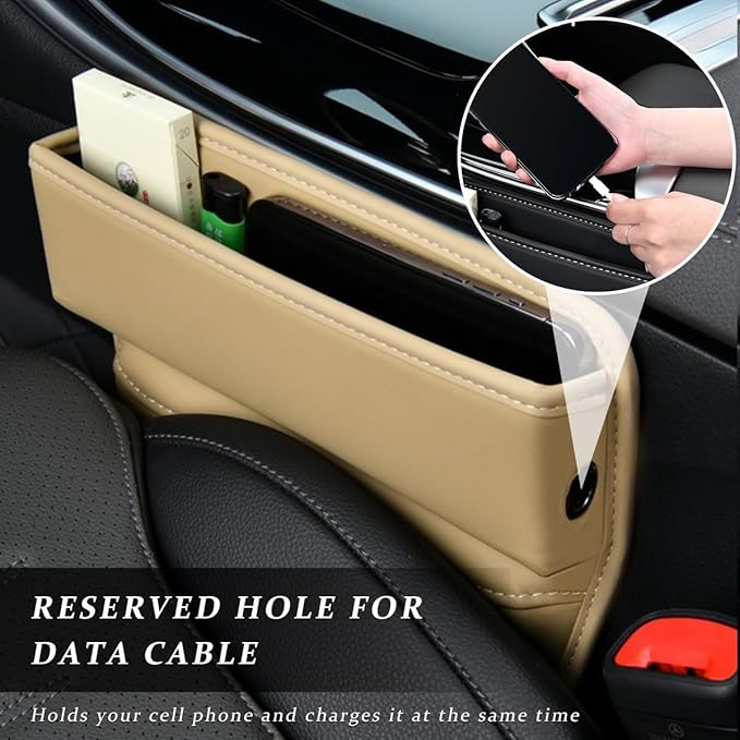 Kewucn Car Seat Gap Organizer, Adjustable Leather Front Seat Gap Filler Storage Box, Multifunctional Auto Console Side Pocket Organizer for Phone Glasses Key Card, Car Accessories (Beige)