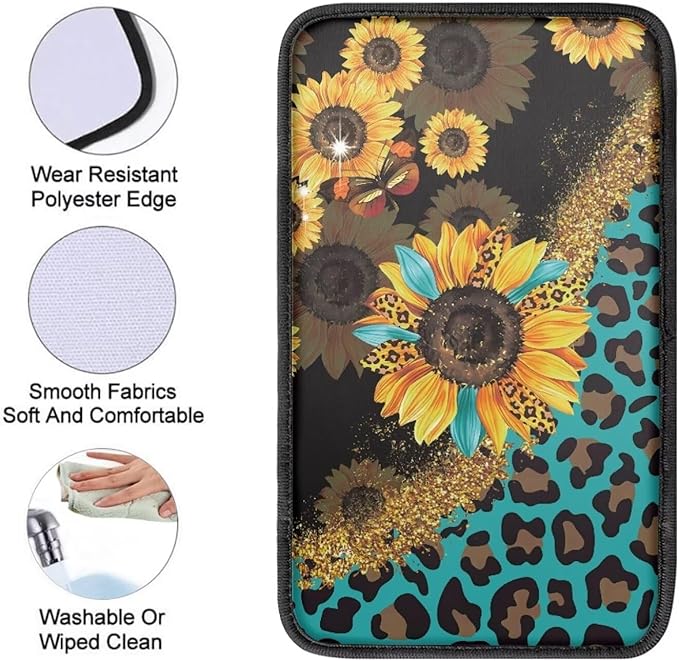JoyLamoria Sunflower Leopard Car Center Console Armrest Cover Non Slip Auto Arm Rest Cushion Pads Armrest Protector Car Interior Accessories