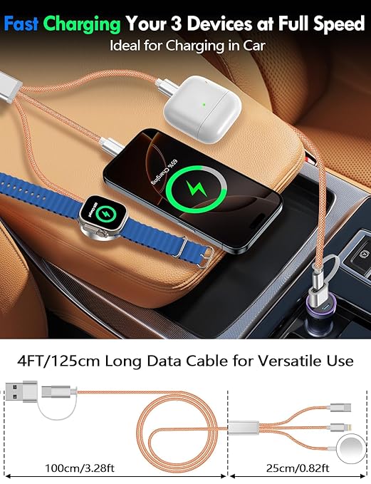 2Pack Multi Charging Cable Cord for Travel Essentials,Apple Watch Charger,iPhone Charger,[3-in-2] Type C/L Cable Portable Designed for iWatch,iPhone 17-8,Galaxy S25-21,AirPods,iPad-4FT Orange