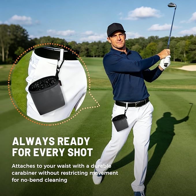 Teccom Golf Club and Ball Cleaning Bag, Golf Cleaner Pouch with Three-Layer Waterproof Fabric Technology, Microfiber Layer, Neoprene, PU Leather Exterior, Detachable Clip, Golfer Gift