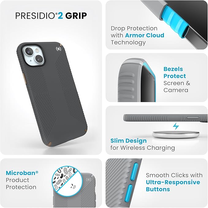 Speck Presidio2 Grip - iPhone 15 Plus Case, 6.7 inch - Grey/Bronze