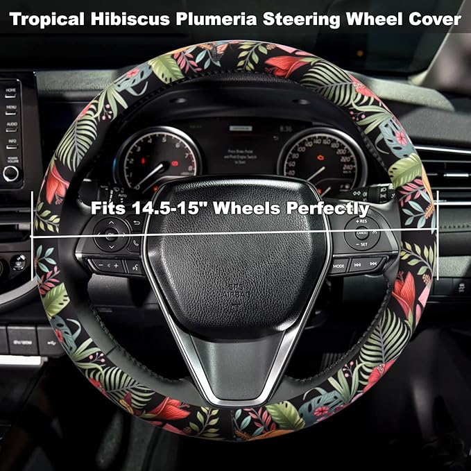 Tropical Hibiscus Plumeria Steering Wheel Cover for 14.5-15 Inch (37-38 cm) Wheels, Premium Fabric with Non-Slip Rubber Inner Ring (Tropical Hibiscus Plumeria)