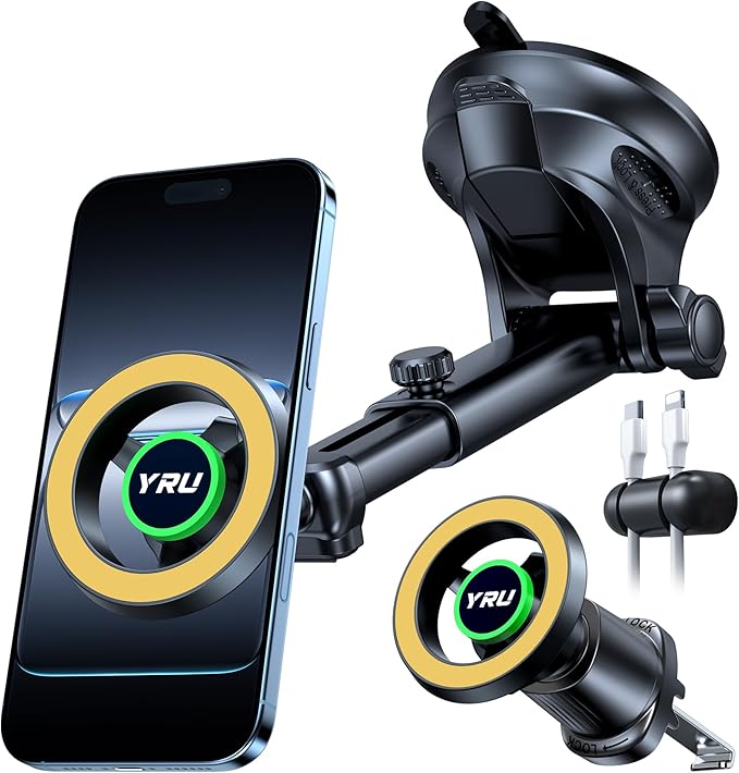 [2026 Military-Grade] YRU for Magsafe Car Mount 90+LBS Strong Suction 360° Adjustable Magnetic Phone Holder for Car Dashboard Windshield Vent, Cradle for iPhone 17 16 15 14 13 12 Samsung, Light Yellow