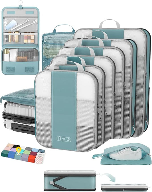10 Set Compression Packing Cubes for Travel Essentials,Compressible Expandable Packing Cubes for Suitcase,OlarHike Luggage Organizer Bags for Travel,Handy Helper for Organizing Clothes(Blue Gray)