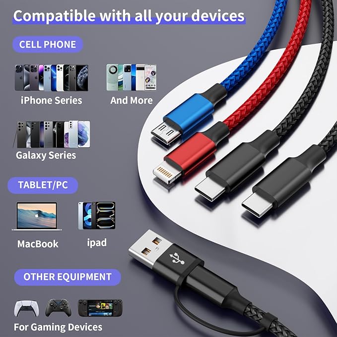 Travel Cruise Essentials 2026 4 in 2 Charging Cable with Dual Type-C Port, USBA/C Multi Charging Cable Cords, Multiple iPhone Charger Cord for iPhone17-8, Android, iPad, Car Accessories (4Packs 5FT)