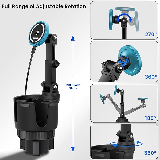 OHLPRO for MagSafe Car Charger Cup Holder Mount, 15W Fast Wireless Magnetic Charging Phone Holder for iPhone 17 16 15 14 13 Series, Adjustable Car Mount with Large Cup Base, One-Hand Operation