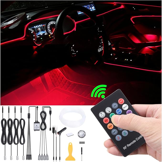 Car Ambient Lighting Kit 64 Colors Multicoloured Music Optic Fiber RF Remote Control Car DIY Decorative Atmosphere Lighting DC 12V 1W 5m