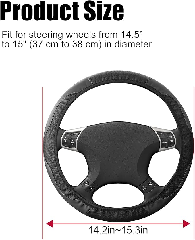 Amiss Car Steering Wheel Cover, 14.5"-15" Comfortable Anti-Slip Safety Protection Design, Microfiber PU Leather Steering Wheel Cover, Universal Fit for 95% Cars, Car Interior Accessories (Black)