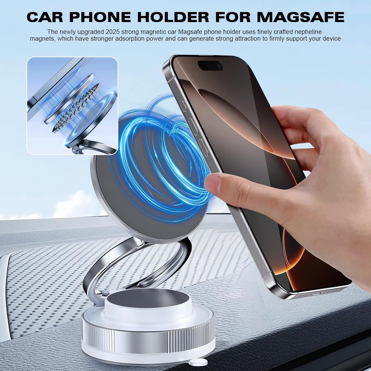 Vipbu Phone Mount, Vipbu Phone Holder, Car Phone Holder, 360° Adjustable Vacuum Magnetic Phones Holders, Foldable Car Mount, Universal Adjustable Stand for Phone Smartphones (White)