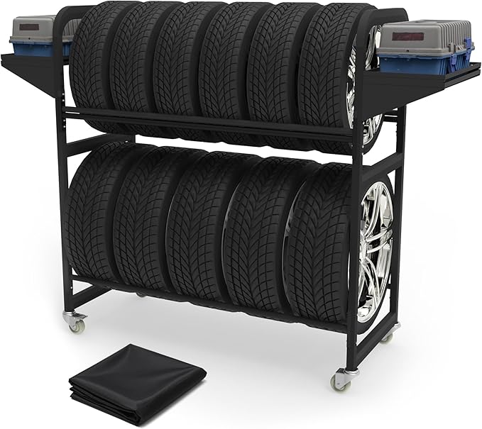 Tire Storage Rack 57" x 55.1" x 20" w/Anti-dust Cover, Adjustable Rolling Tire Rack for Garage Black w/4 Swivel Casters & 2 Storage Shelf for Garage Storage