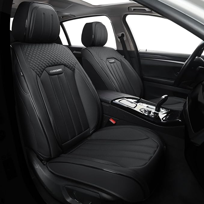 Leather Seat Covers for Cars, 2Pcs Universal Front Automotive Seat Covers, Full Coverage Waterproof Car Seat Covers for Most Trucks, SUVs, Sedans, Luxury Breathable Auto Seat Cover, Black